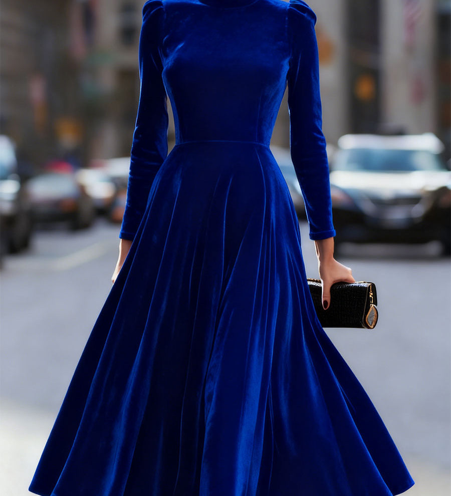 Luksuzna velvetna midi haljina s dugim rukavima