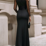 Chic haljina s visokim ovratnikom od satena s prozirnim mrežastim rukavima