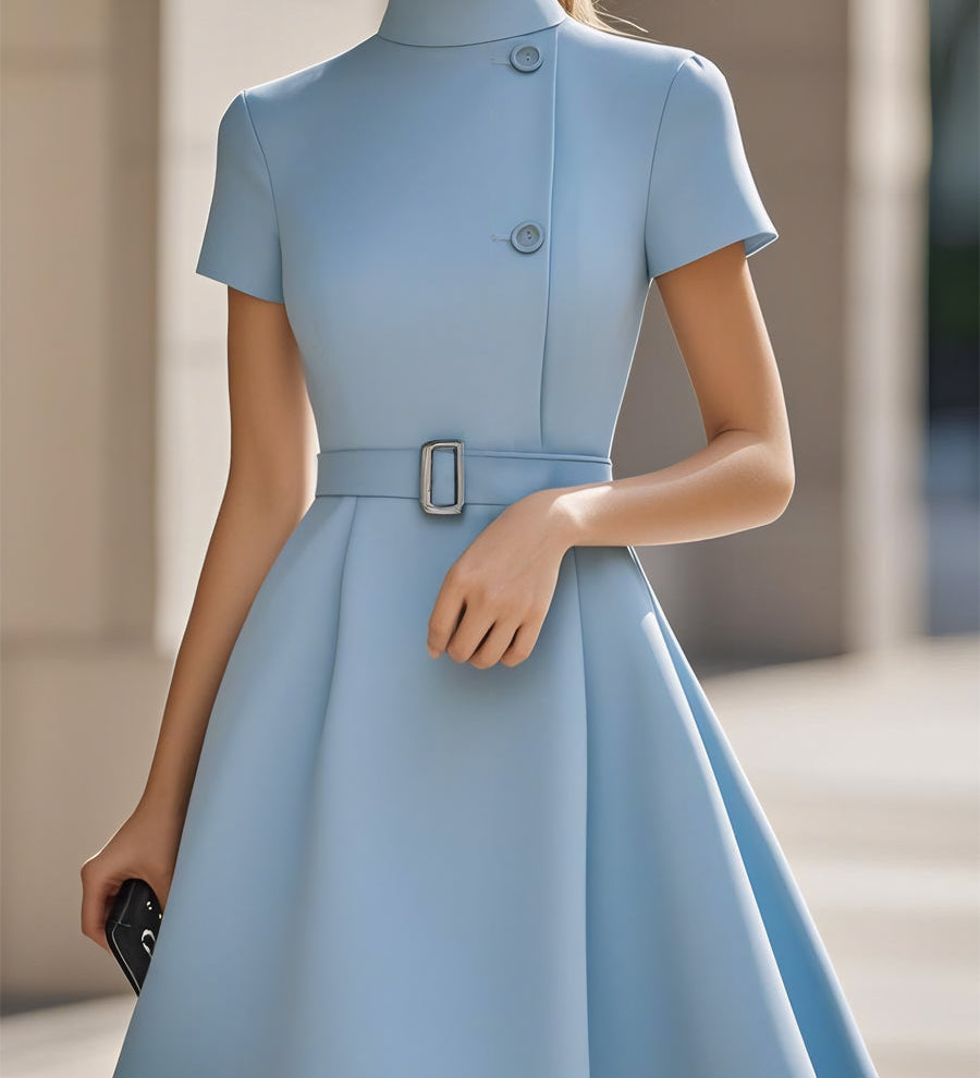 Elegantna crna haljina s visokim ovratnikom i pojasom