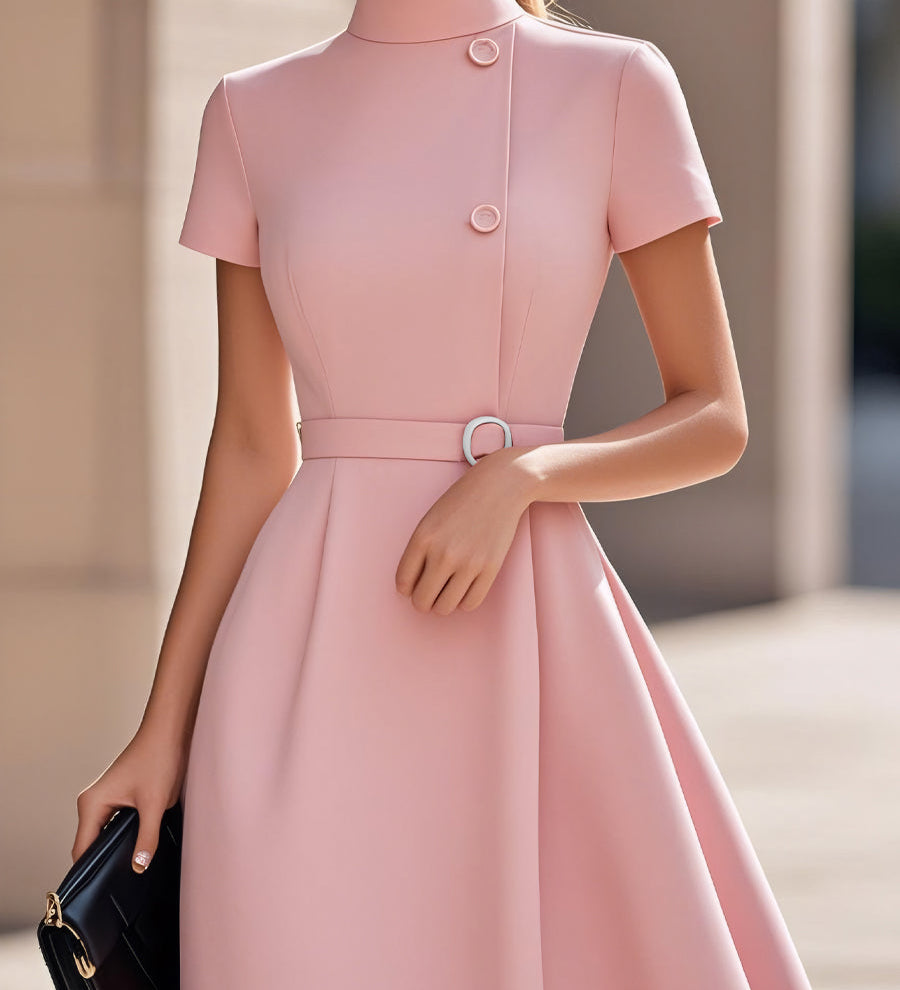 Elegantna crna haljina s visokim ovratnikom i pojasom