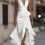 Satin Halter Ruffle Haljina u Midnight Elegance