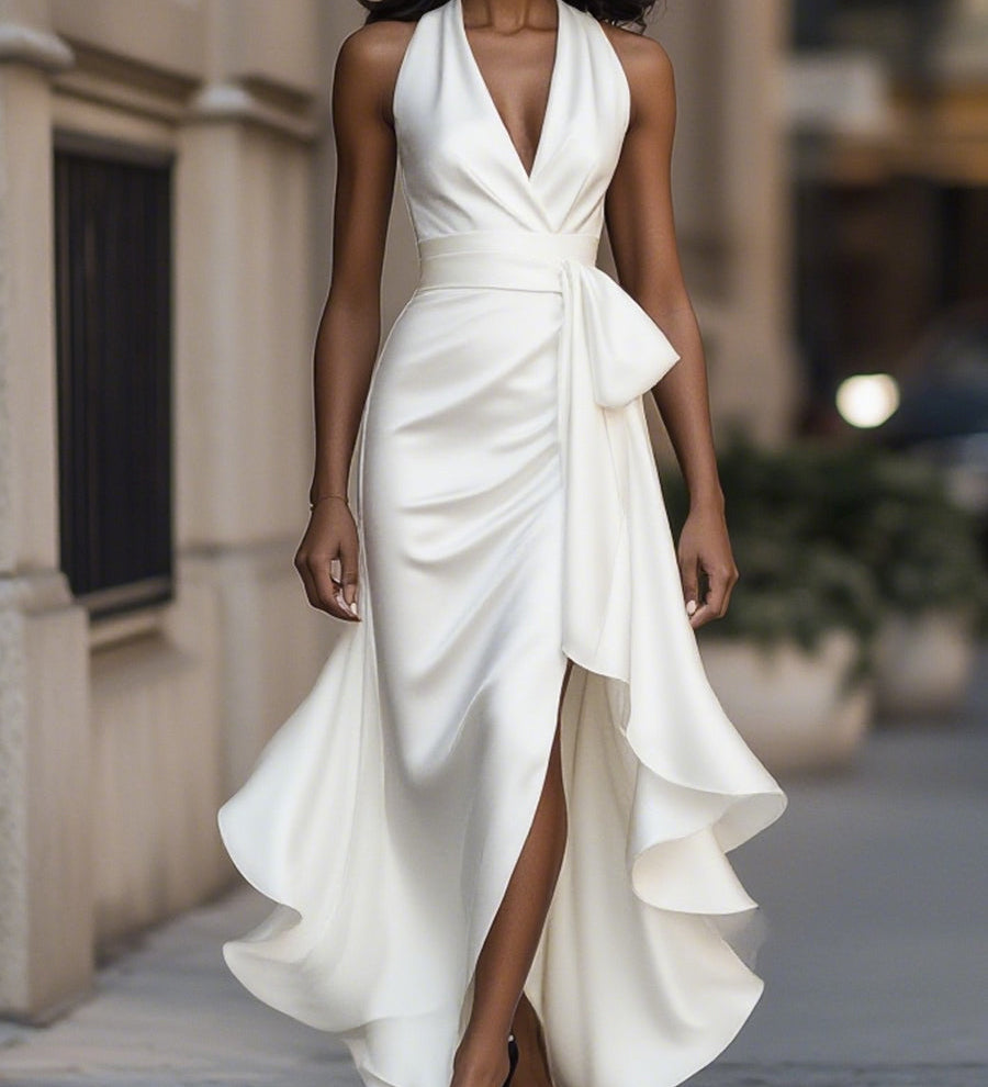 Satin Halter Ruffle Haljina u Midnight Elegance