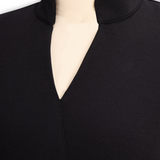 Refinirana Crna Haljina s Pojasom i Mandarin Ovratom