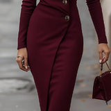 Burgundska midi haljina s preklopom i gumbima