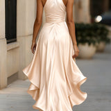 Satin Halter Ruffle Haljina u Midnight Elegance