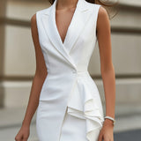 Krojena blazer-haljina bez rukava s V-izrezom i detaljem od volana