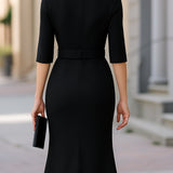 Elegantna Crna Midi Haljina s Pojasom i Raskošnim Rukavima