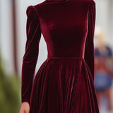 Bordo baršunasta haljina s dugim rukavima