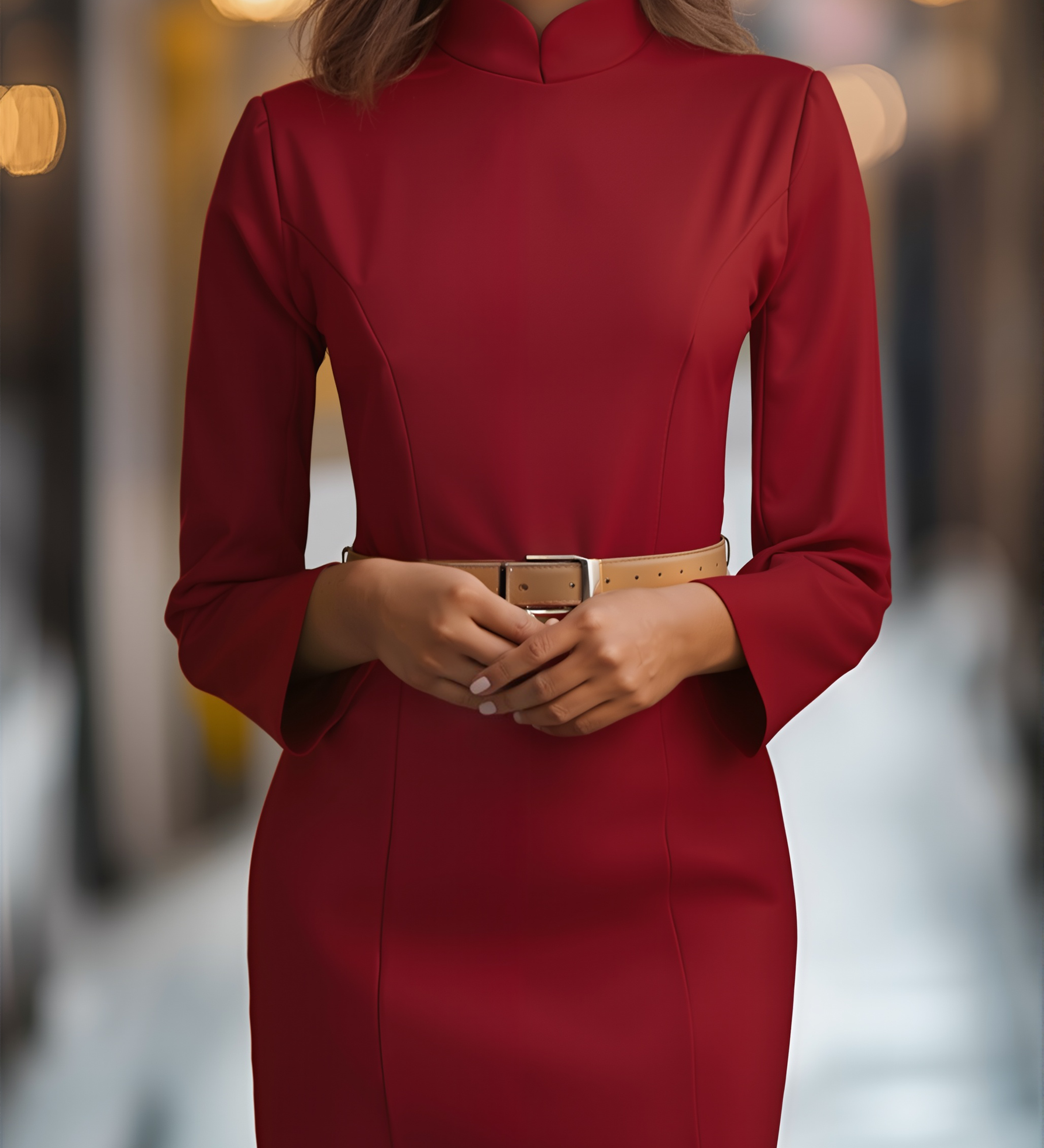 Elegantna bijela haljina s mandarin ovratnikom i dizajnom remena