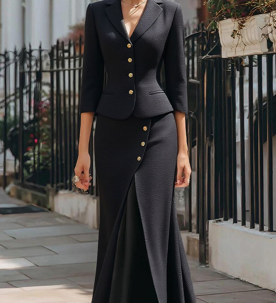 Elegantni teksturirani sako i midi suknja - komplet