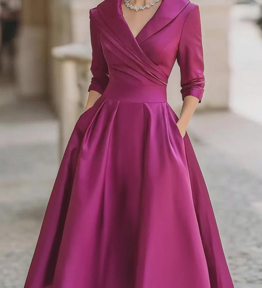 Haljina midi u vintage stilu od satena s drapiranim ovratnikom