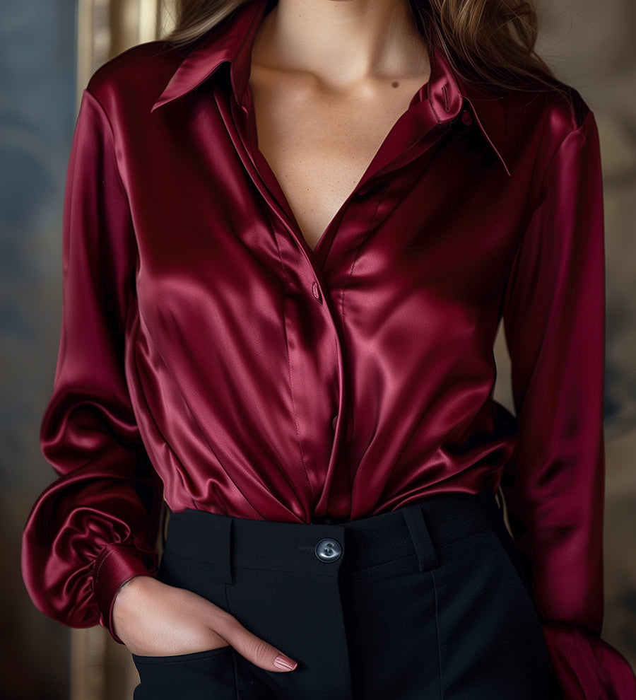 Elegantna crna satenska bluzica s dugim rukavima