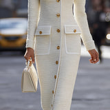 Haljina midi od tvida boje slonove kosti s dugim rukavima i džepovima