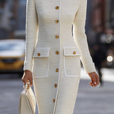 Haljina midi od tvida boje slonove kosti s dugim rukavima i džepovima