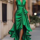 Satin Halter Ruffle Haljina u Midnight Elegance