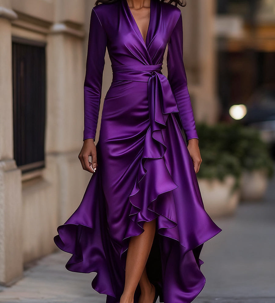 Maksi haljina od satena u midnight plavoj boji s volanima