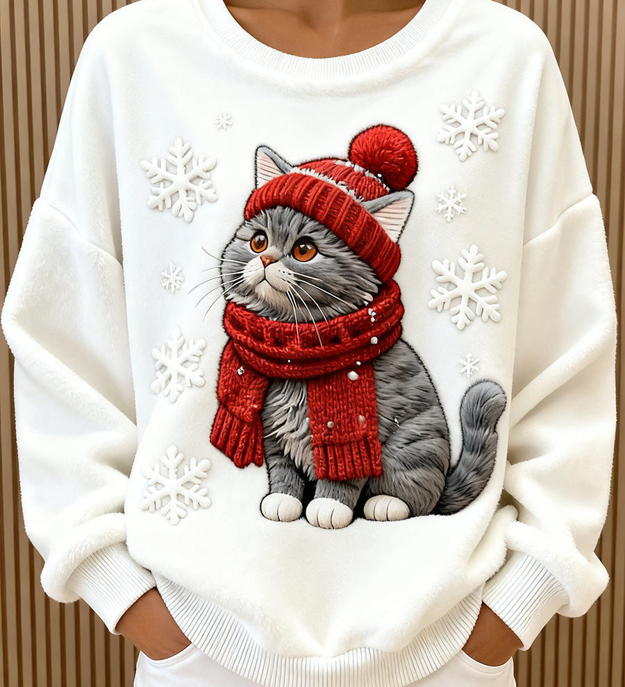 Ženska flanel kapuljača s umjetničkim printom božićne mačke