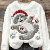 Ženska casual flanelna dukserica s umjetničkim printom slatkog božićnog mačka