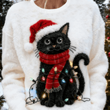 Ženski ležerni flanelasti pulover s božićnim motivom mačaka
