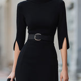 Elegantna Crna Midi Haljina s Pojasom i Raskošnim Rukavima