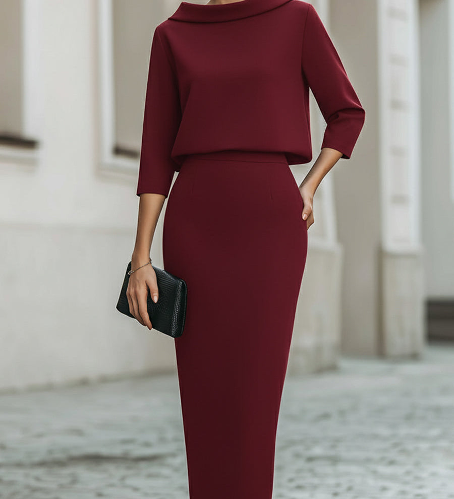 Set s gornjim dijelom s brodskim izrezom i midi suknjom